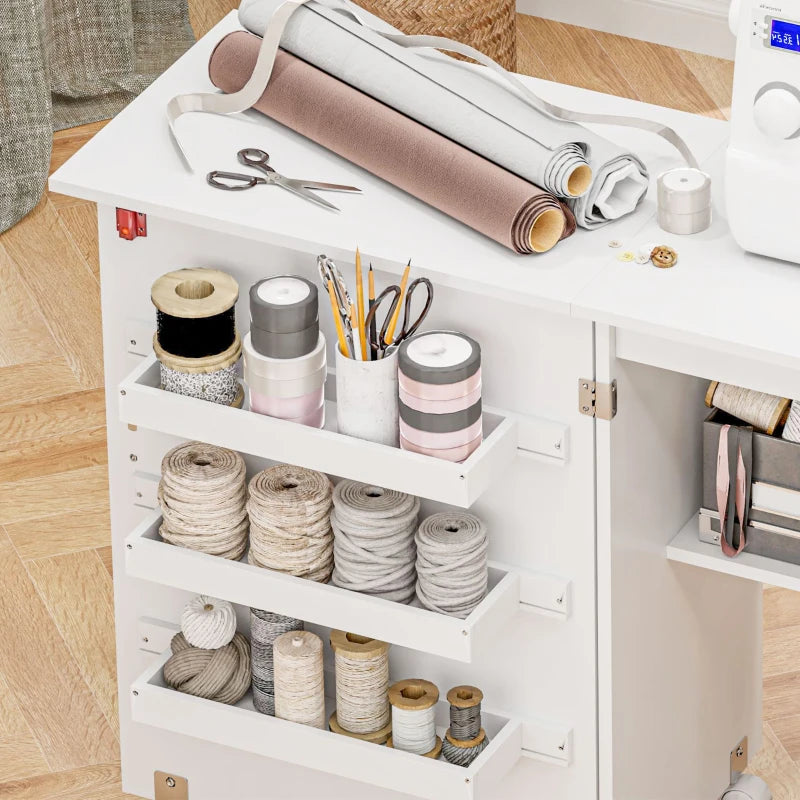 Folding Sewing Table with Drop Leaf & Storage Bins - Rolling Craft Table for Small Spaces, White Sewing Machine Cabinet