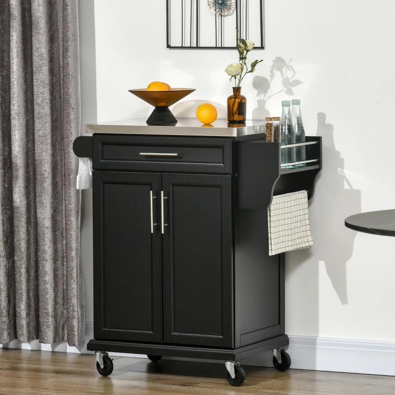 Wooden Kitchen Island on Wheels - Black Serving Cart with Stainless Steel Top, Drawer, Side Handle & Storage Rack