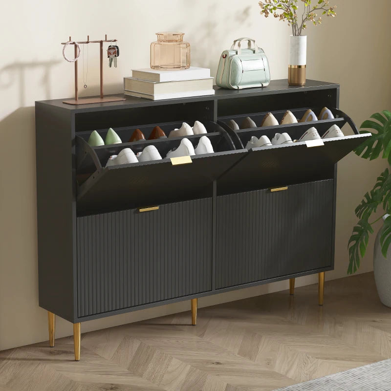 Narrow Black Shoe Cabinet with 4 Flip Drawers for Space Saving Storage