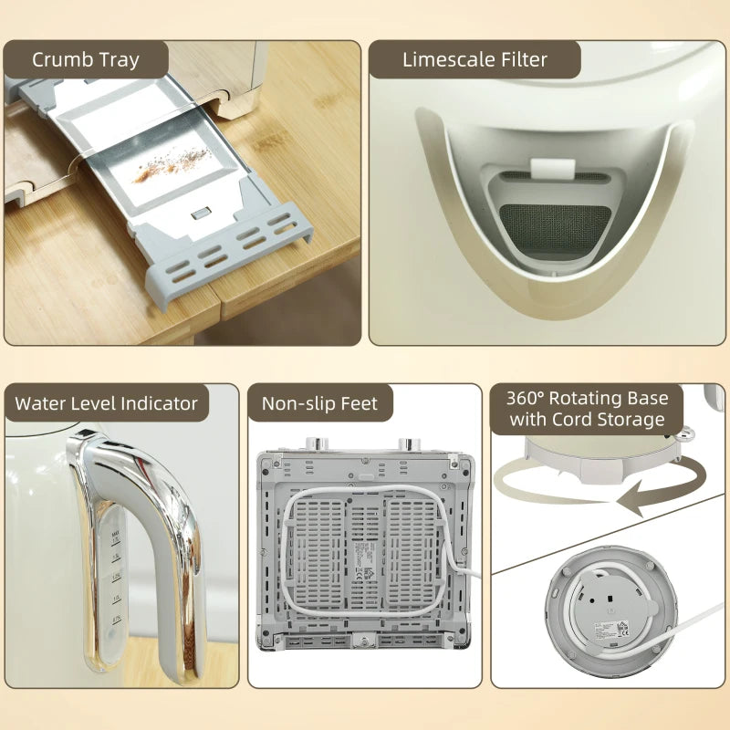 Retro 3000W Grey Kettle and Toaster Set - Stylish Kitchen Appliances for Modern Homes