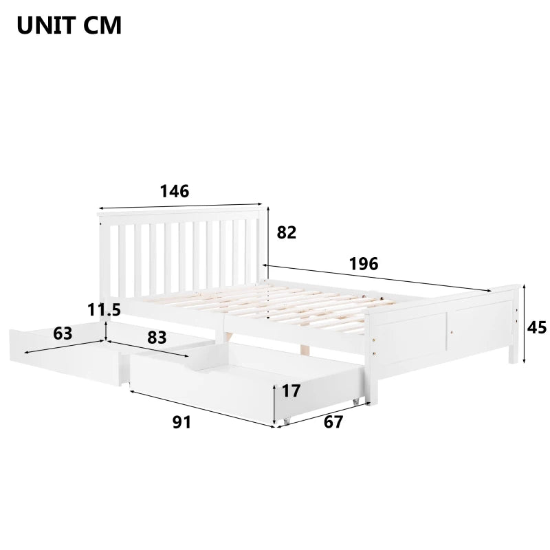Wooden Solid Pine Divan Storage Bed with Drawers - Double Bed Frame for Adults & Kids, 196x146x82 cm, White