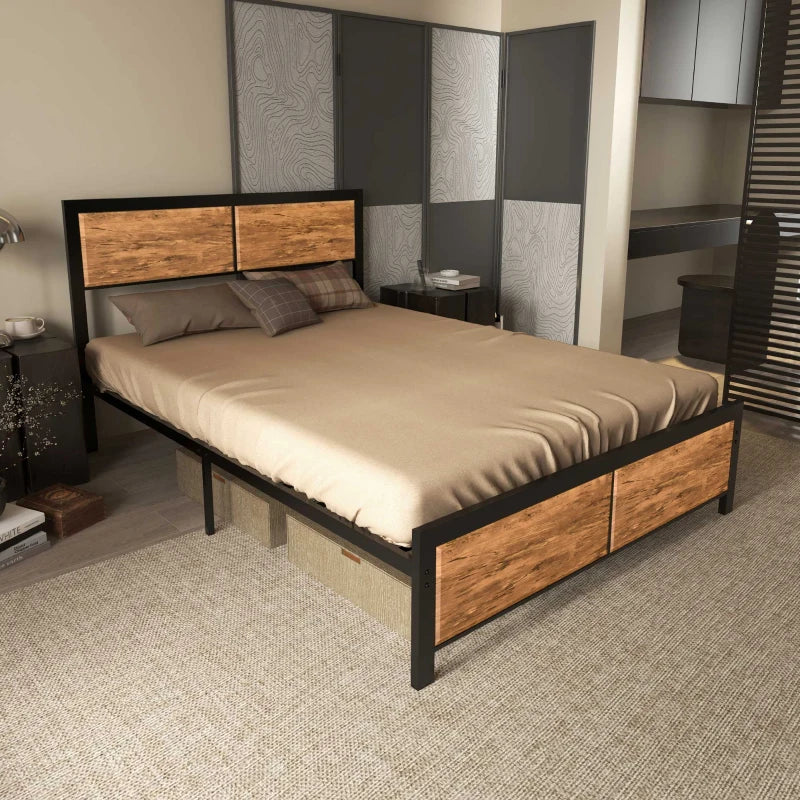 Industrial Double Bed Frame 5FT Steel Base with Headboard & Footboard, Slatted Support, Under Bed Storage, Rustic Brown 142x195cm