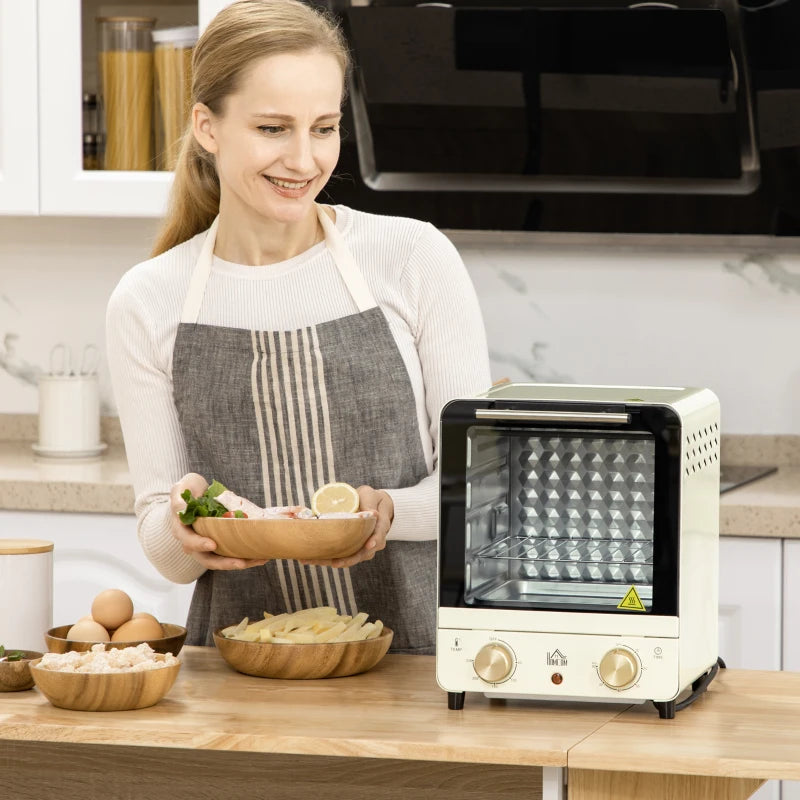 15L Mini Electric Oven & Grill - Adjustable 60-230°C, 60 Min Timer, Includes Baking Tray & Wire Rack, 1000W, Cream White