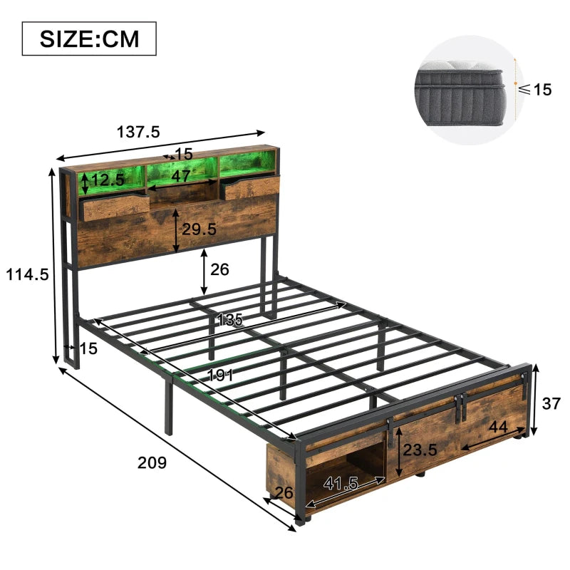Metal Double Bed with LED Lights & Charging Ports, Storage Base, 209x137.5x114.5 cm, Black & Natural Finish