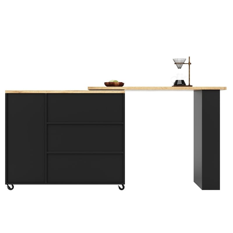 360° Swiveling Dining Table with Snack Rack & Drawers - Multifunctional Kitchen Island on Castors, Black, 209L x 39W x 104H cm