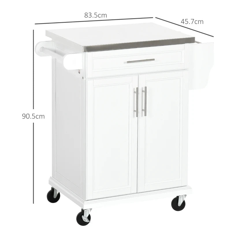 Wooden Kitchen Island on Wheels - Mobile Serving Cart with Stainless Steel Top, Drawer, Side Handle & Rack in White