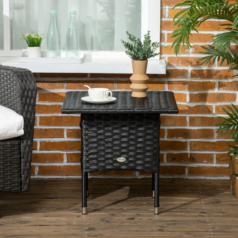 Black Rattan Outdoor Side Table with Plastic Board - Patio, Garden, Balcony