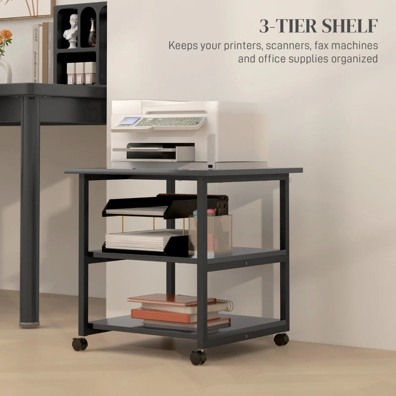 Three-Tier Black Steel Printer Stand on Wheels - Mobile Storage Solution for Home Office & Workspace