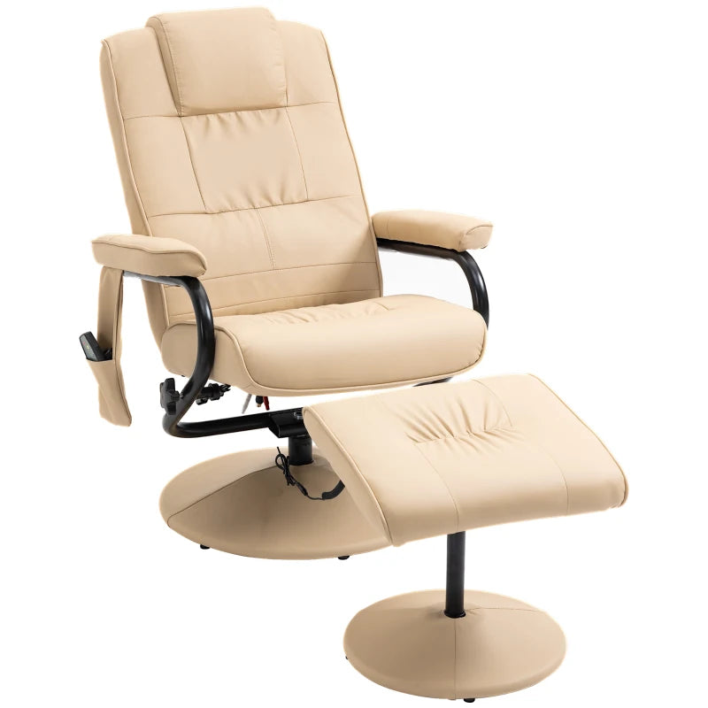 Cream PU Leather Reclining Armchair with Massage Function and Ottoman - Manual Sofa Chair