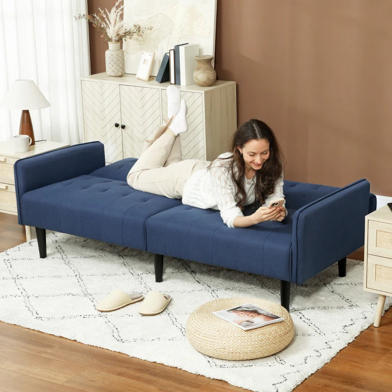 Dark Blue Three-Seater Sofa Bed with Cupholders for Comfort and Style in Your Living Room