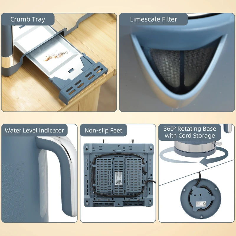 Sleek Blue Textured Kettle & Four-Slice Toaster Set - Modern Kitchen Appliances for Stylish Cooking