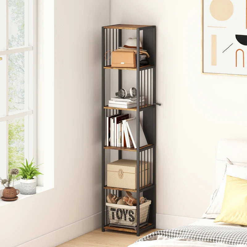 Rustic Brown 5-Tier Bookshelf with Steel Frame - Industrial Style Storage Shelf for Home or Office