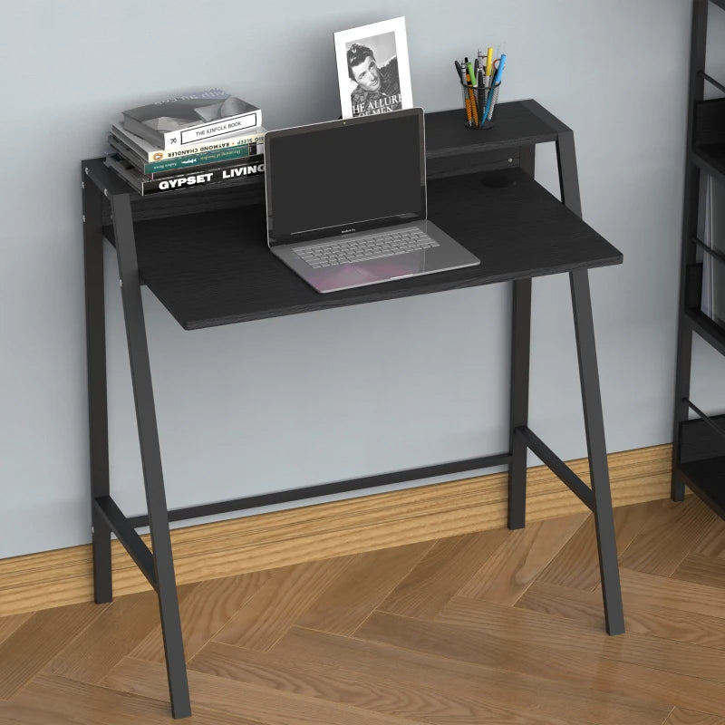 Modern Black Writing Desk - 84L x 45W cm Computer Table for Home Office, PC & Laptop Workstation with Storage Shelf