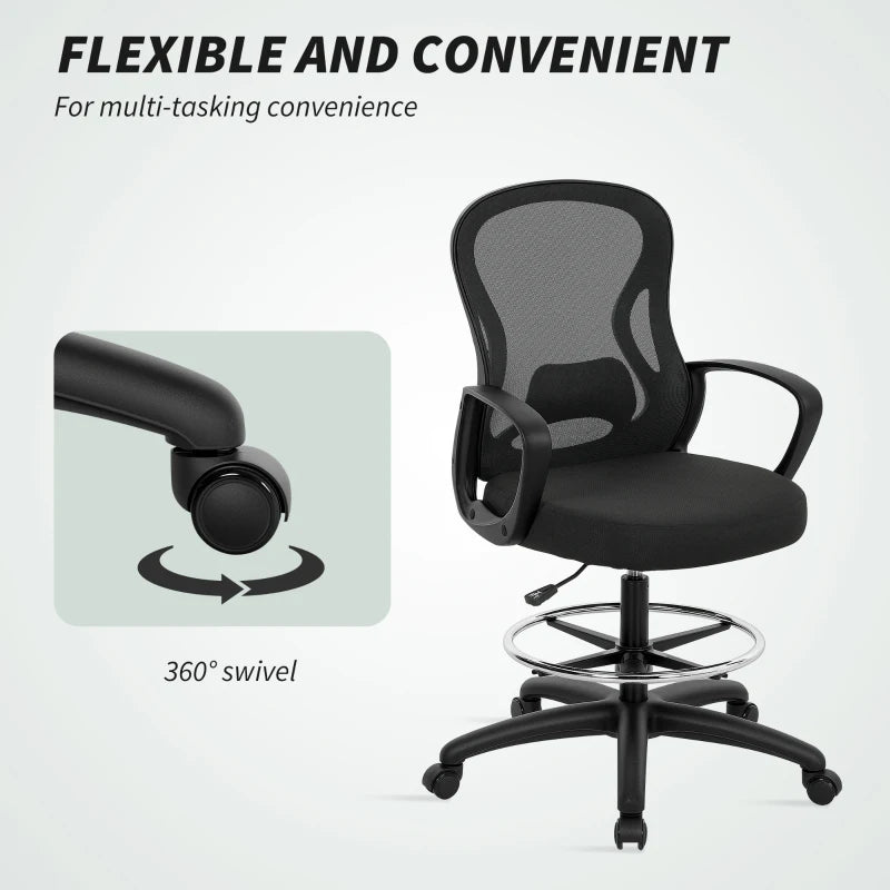 Vinsetto Ergonomic Drafting Chair with Adjustable Footrest & Lumbar Support - Mesh Office Chair for Standing Desks, Black