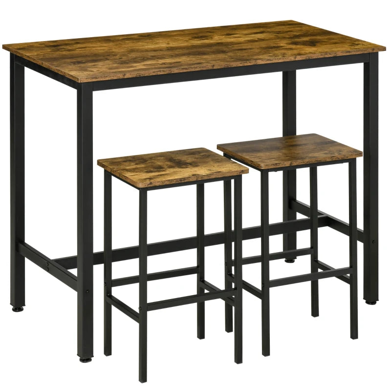Rustic Brown 3-Piece Bar Table Set - 120x60cm Breakfast Table with 2 Stools for Kitchen & Living Room