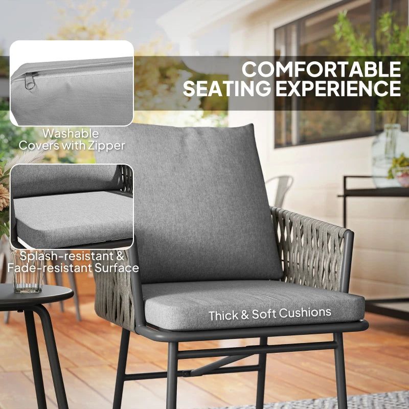 3-Piece Rattan Bistro Set with Cushions - Patio Furniture for Balcony, Porch, Terrace - Grey