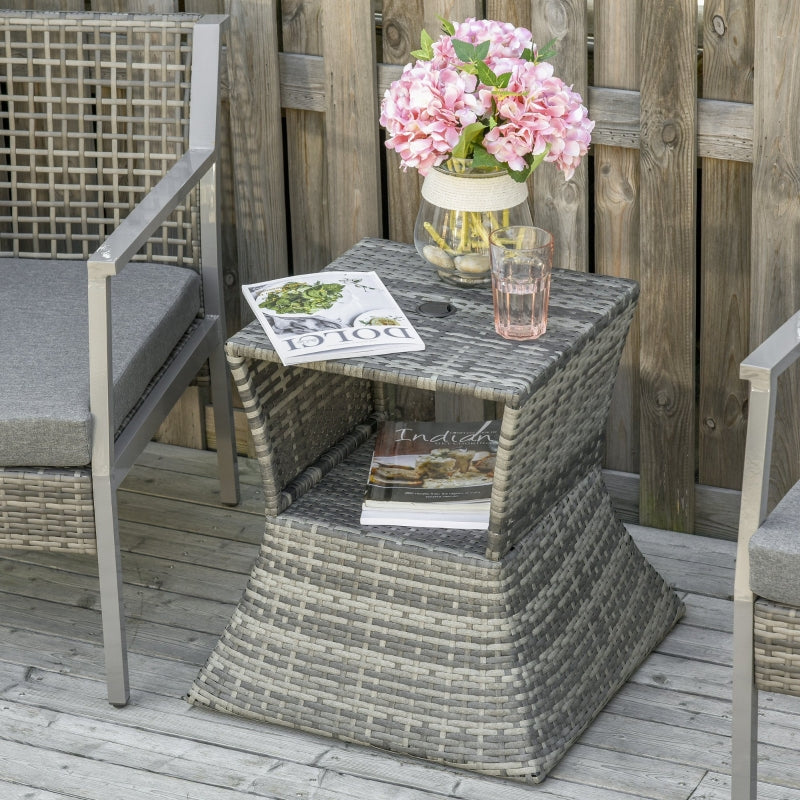 Grey Rattan Wicker Patio Coffee Table with Umbrella Hole and Storage