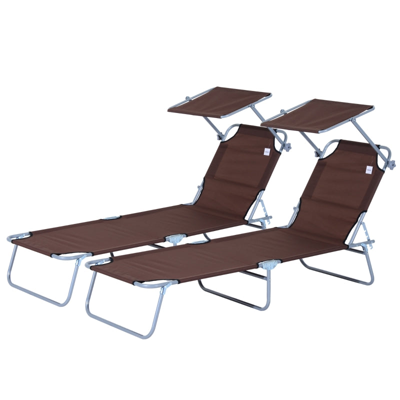Brown Foldable Sun Lounger Set with Adjustable Backrest and Sun Shade Awning