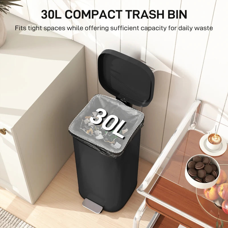 30L Compact Kitchen Pedal Bin with Soft-Close Lid, Stay-Open Feature & Removable Bucket - Black Trash Can for Home & Office
