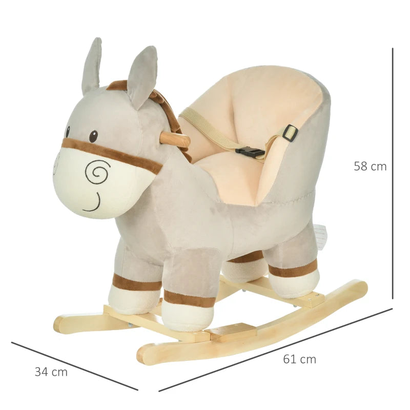 Kids Plush Rocking Horse with Sound | Safe Wooden Base Ride-On Donkey Toy for Toddlers 18-36 Months - Grey