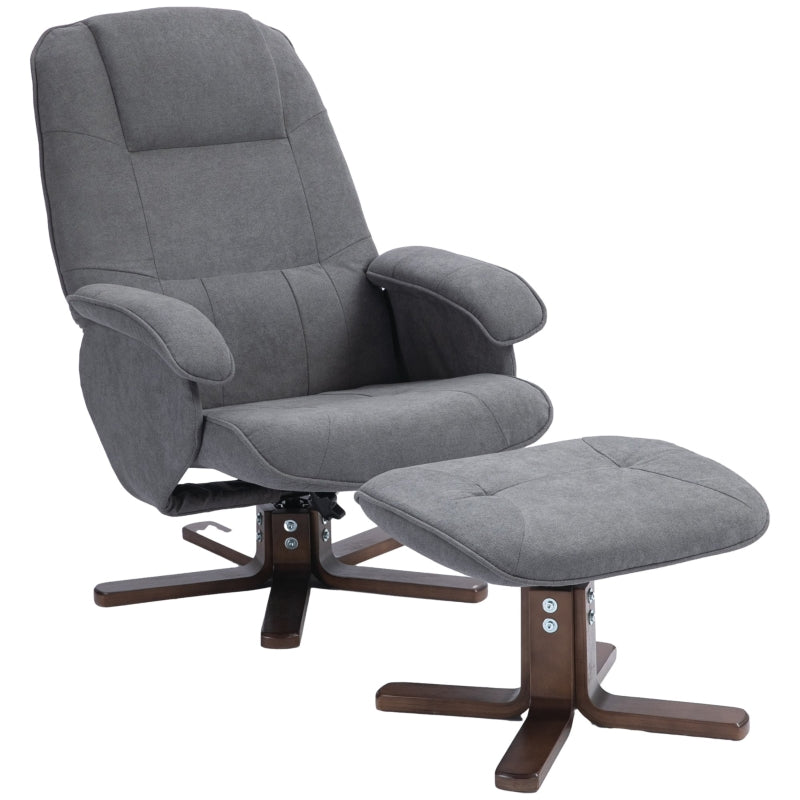 Linen Swivel Recliner Chair with Footstool - Upholstered Reclining Armchair with Wooden Base for Living Room, Grey