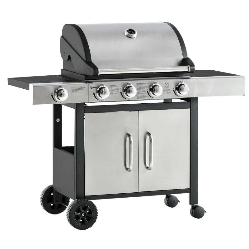 Stainless Steel 4+1 Burner Gas BBQ Grill with Smoker, Side Burner, and Storage Cabinet - Black