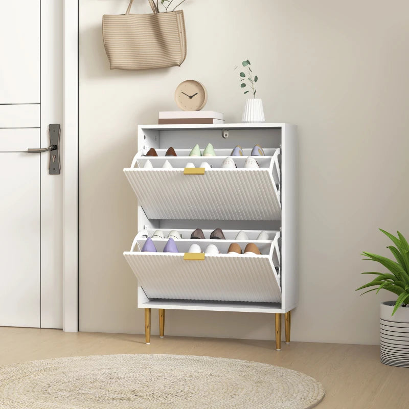 Narrow White Shoe Cabinet with 2 Flip Drawers for Space Saving Storage