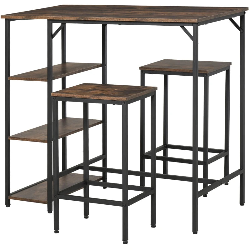Industrial Bar Height Dining Table Set with 2 Stools & Side Shelf - 3 Piece Coffee Table for Dining Room & Kitchen