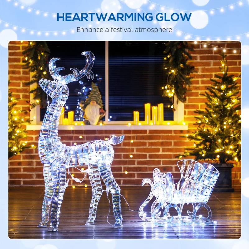 Lighted Christmas Reindeer Sleigh - 170 Warm White LED Outdoor Yard Decor, Waterproof Silver Holiday Decoration with Stakes