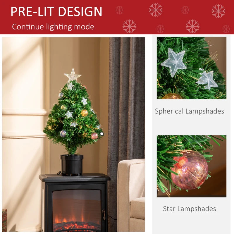 2FT Pre-lit Artificial Christmas Tree - Multicoloured Fibre Optic Xmas Decoration with LED Lights for Table Desk - Green