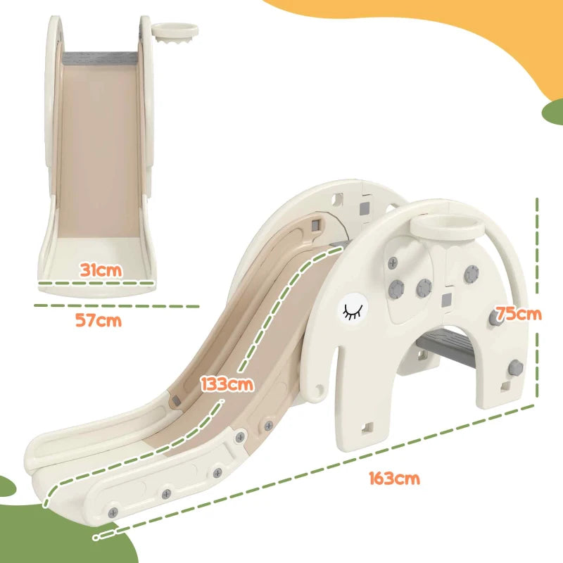 3 in 1 Toddler Slide with Basketball Hoop and Climber for Ages 1-3 Elephant Theme Cream White