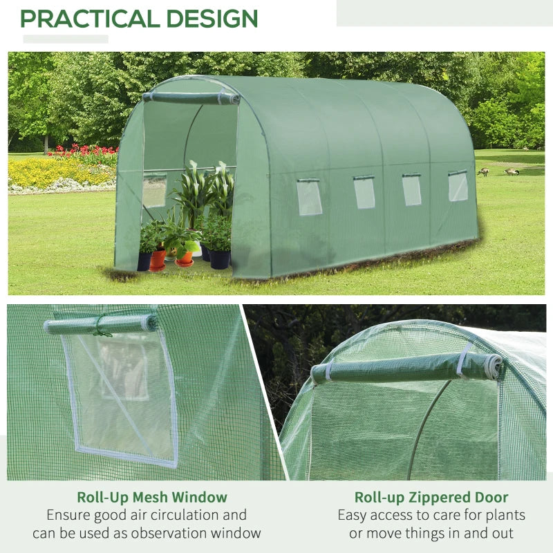 Green Walk-in Garden Tunnel Greenhouse, 4x2M, Roll-Up Door, 8 Windows