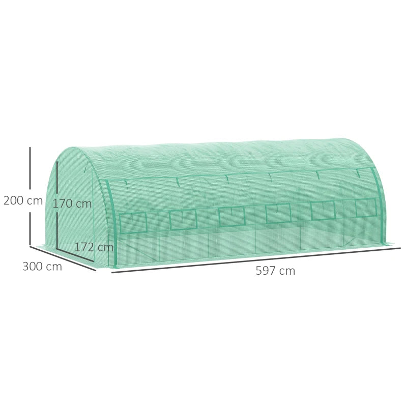 Green Walk-in Polytunnel Greenhouse with Roll-up Sidewalls, Zipped Door, 12 Windows - 6x3x2m