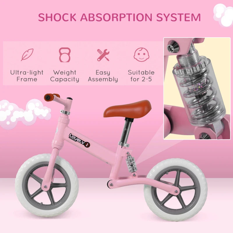 12" Kids Balance Bike - No Pedal Toddler Bicycle with Adjustable Seat & Shock Absorber - Pink Gift for Ages 2-5
