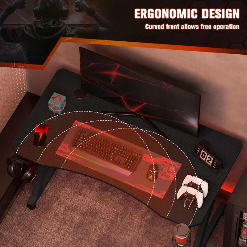 Gaming Desk 120x65 cm - Steel Frame, Cup Holder, Headphone Hook, Adjustable Feet, Cable Organizer - Black Home Office Table