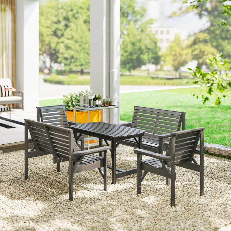 5 Piece Wooden Outdoor Dining Set for 6 with Umbrella Hole Grey Garden Furniture