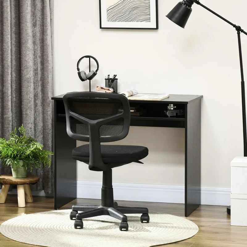 Modern Black Wood Grain Computer Desk - Small Home Office Writing Table with Storage Shelf, 90 x 50cm