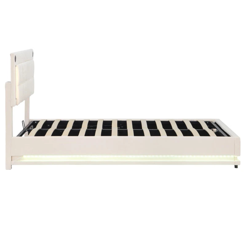 King Size LED Hydraulic Bed with Charging Station Adjustable Tufted Headboard Space Saving Design Beige