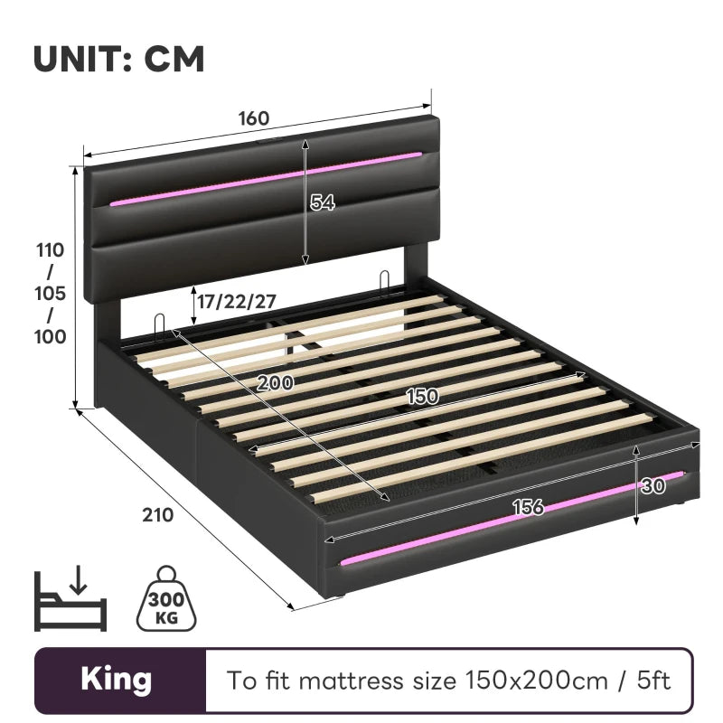 King Upholstered Bed Frame with Hydraulic Storage & LED Lighting, USB & Type-C Ports, 210x160x110 cm, Black