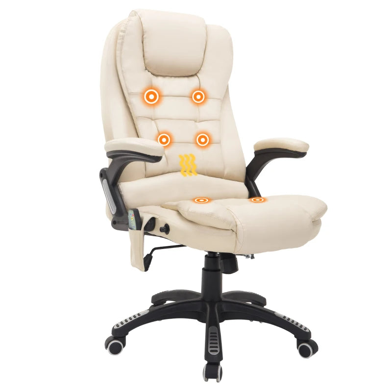 Beige 6-Point Massage Office Chair with Heated Seat - PU Leather High Back Executive Desk Chair, Adjustable Height & 360° Swivel
