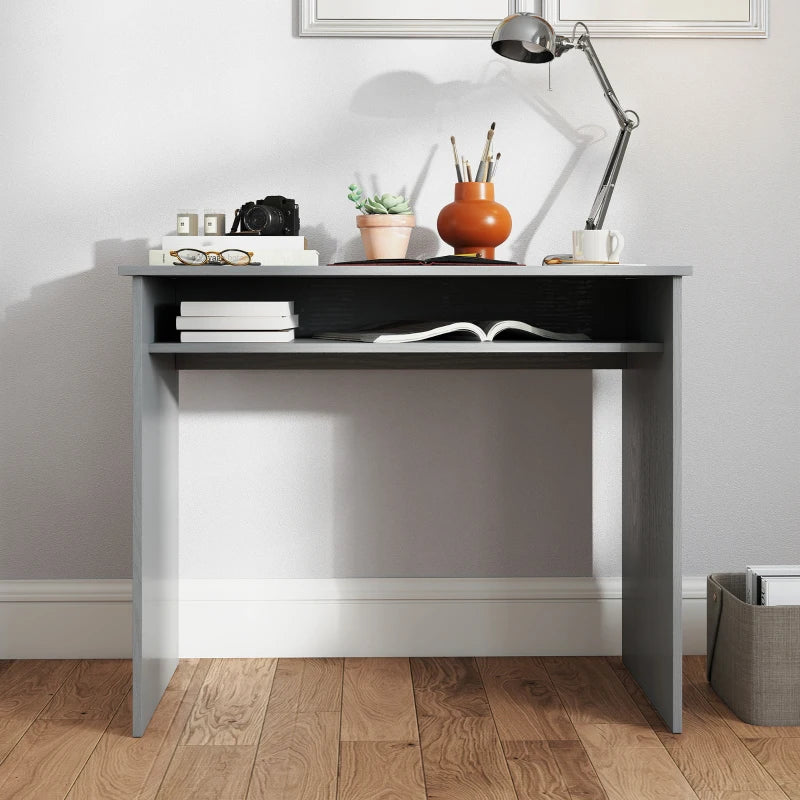 Modern Grey Computer Desk for Home Office - Small Writing Table with Storage Shelf, 90x50cm, Stylish & Functional