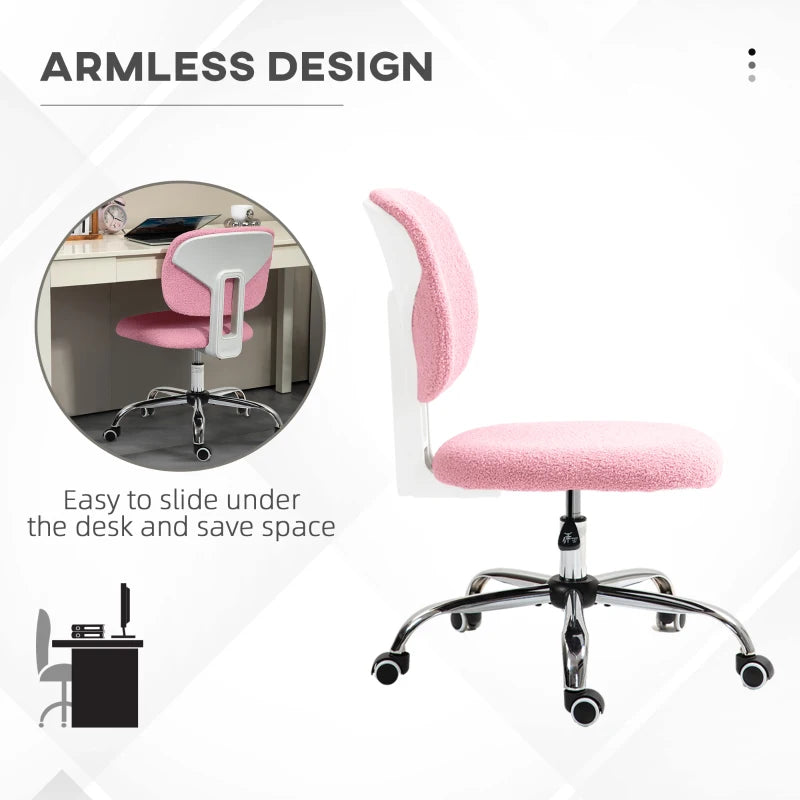Vinsetto Pink Teddy Fleece Armless Office Chair - Cozy, Stylish, Ergonomic Design for Home & Office Use