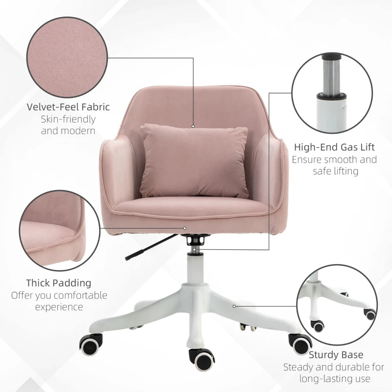 Vinsetto Pink Velvet Office Chair with Massage Lumbar Pillow, Rolling Wheels - Stylish Desk & Makeup Vanity Chair for Home