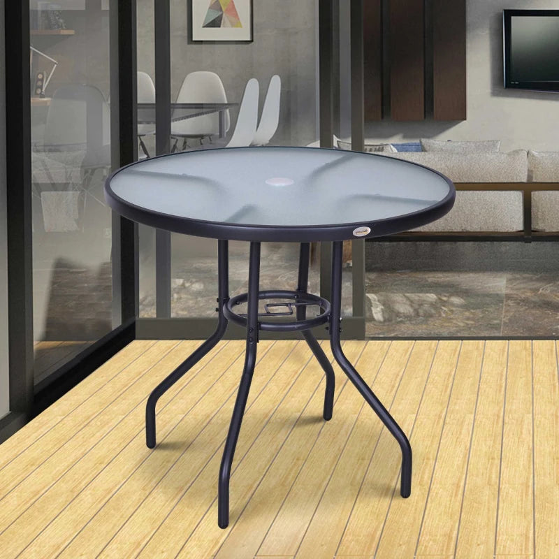 Round Glass Top Steel Frame Outdoor Dining Table - Black