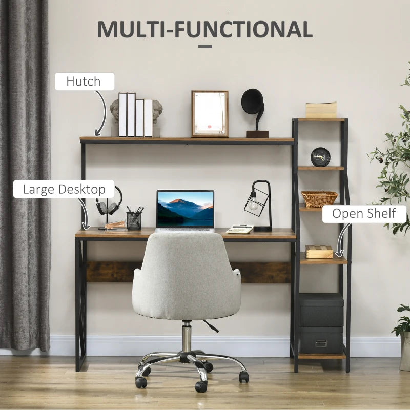 Industrial Computer Desk with Bookshelf - 6-Tier Storage Shelves for Home Office, Bedroom & Study - Rustic Brown, 150x55x138cm
