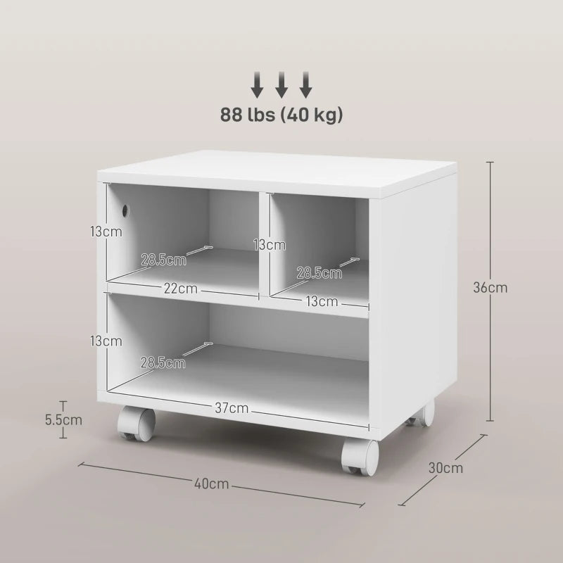 Versatile Three-Compartment Printer Cabinet on Wheels - Stylish White Storage Solution for Home Office and Workspace