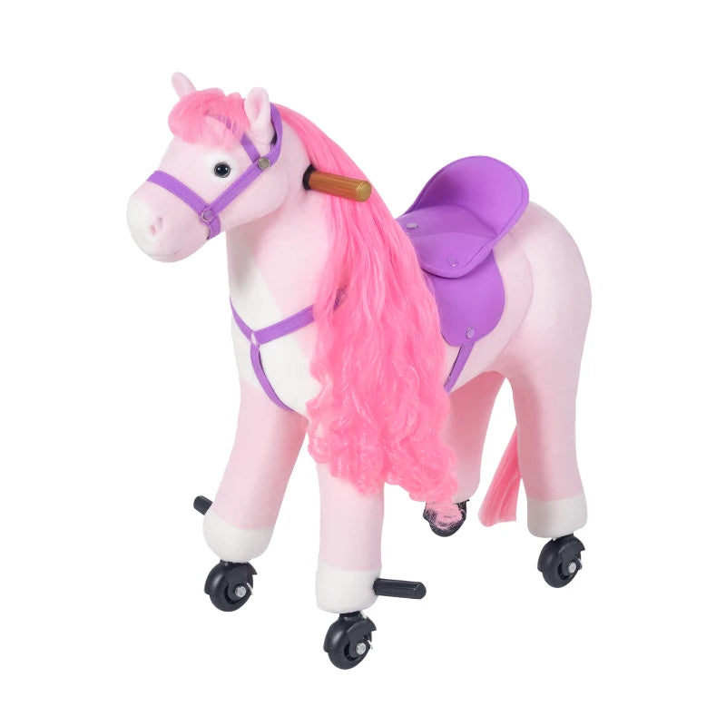 Plush Walking Horse Ride-On Toy with Wheels & Sounds - 50cm Pink Rocking Horse for Kids 2+ Years