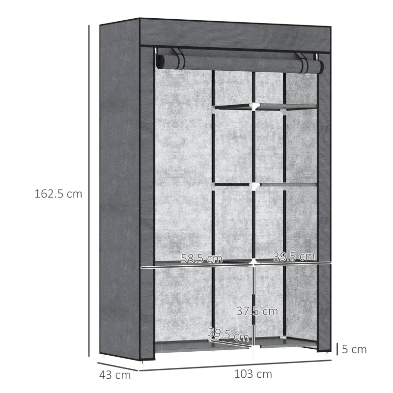 Dark Grey Six Shelf Fabric Wardrobe with Rail for Stylish Storage Solutions
