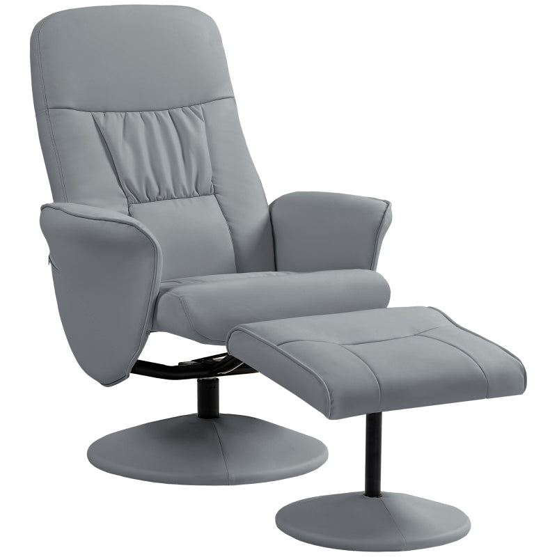 Light Grey Swivel Recliner Chair with Footstool – PU Leather Armchair and Ottoman for Living Room Comfort