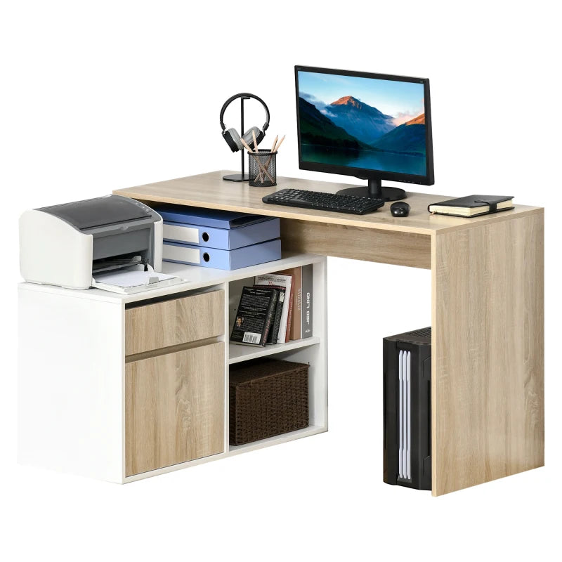 L-Shaped Corner Computer Desk with Storage Drawer & Adjustable Shelf - Oak & White Home Office Furniture, 120x92x75cm
